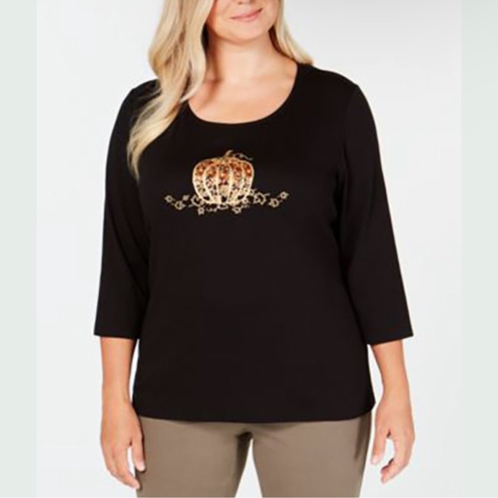 Karen Scott 0X Plus Black 3/4 Sleeve Rhinestone Pumpkin Fall Halloween Top Shirt